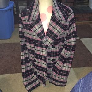 PINK VS Plaid Winter Wool Pea Coat Size LG EUC